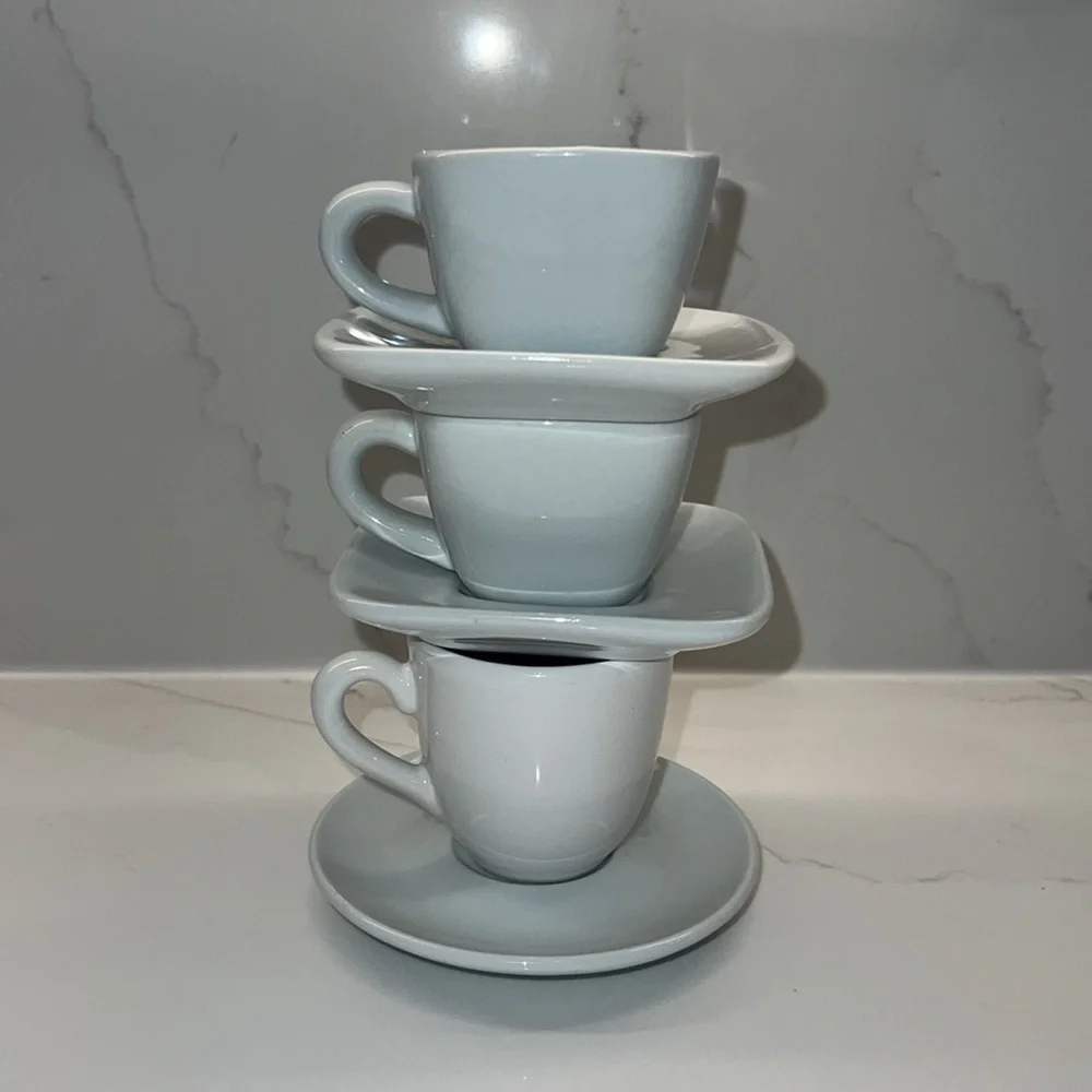2 Crate & Barrel via Cordon Bleu Espresso Cups + Saucers & 1 round Portugal set